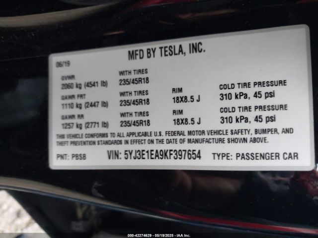 2019 TESLA MODEL 3 5YJ3E1EA9KF397654 Photo 8