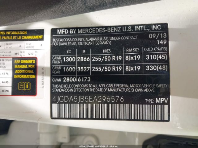 4JGDA5JB5EA296576 Mercedes-Benz ML 350