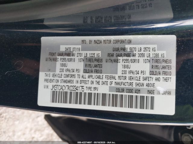 JM3TCACY7K0334175 Mazda Cx-9 Touring