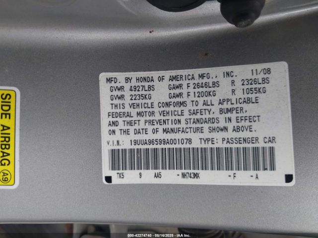 2009 ACURA TL 19UUA96599A001078 Photo 8