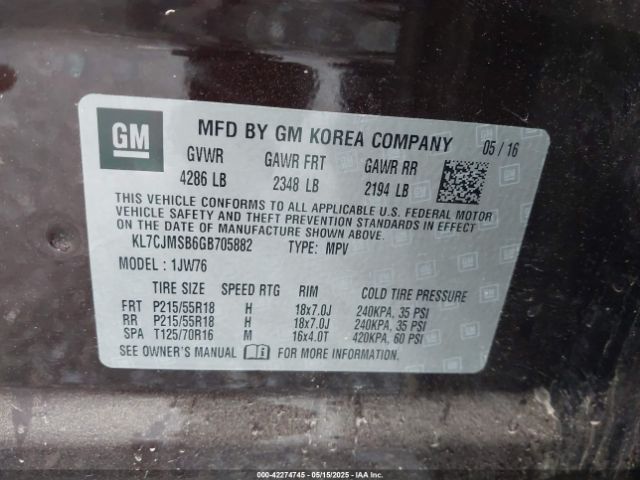 KL7CJMSB6GB705882 Chevrolet TRAX LTZ