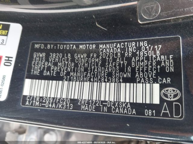 2T1BURHE4HC843864 Toyota COROLLA SE
