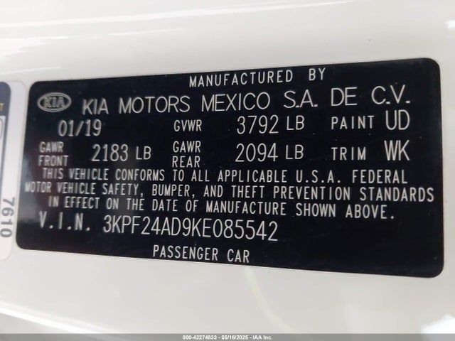 3KPF24AD9KE085542 KIA Forte Lxs