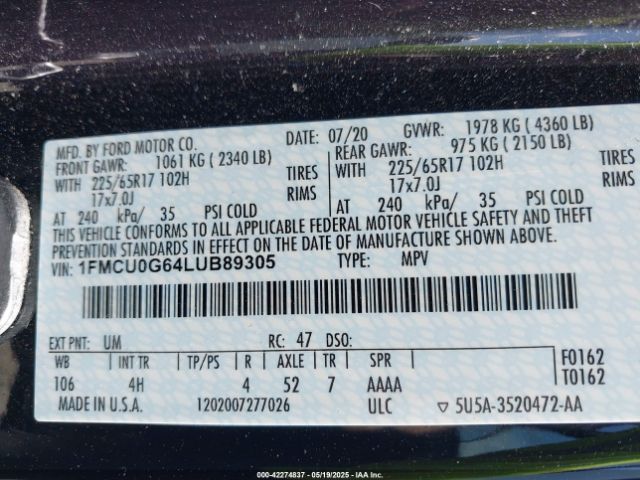 1FMCU0G64LUB89305 Ford ESCAPE SE