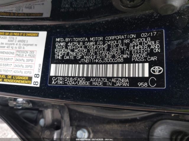 JTNB11HK6J3000288 Toyota CAMRY LE