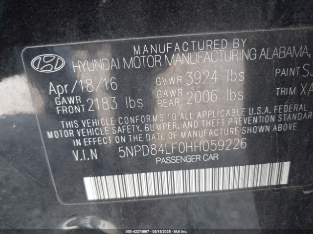 5NPD84LF0HH059226 Hyundai ELANTRA SE