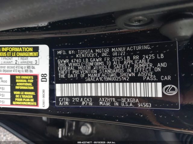 58AEA1C19NU025142 Lexus Es 300h Luxury