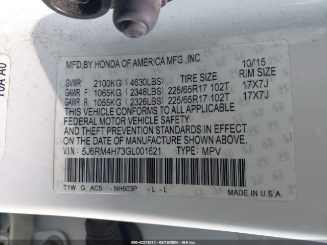 5J6RM4H73GL001621 Honda Cr-v Ex-l