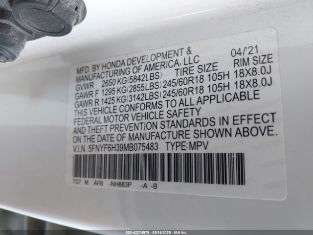 5FNYF6H39MB075483 Honda Pilot Awd Ex