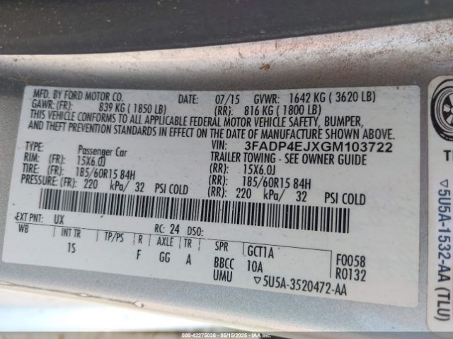 3FADP4EJXGM103722 Ford FIESTA SE
