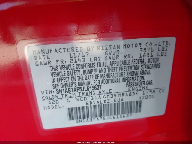 3N1AB7AP5JL615637 Nissan SENTRA SV