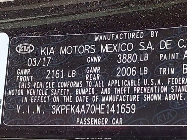 3KPFK4A70HE141659 KIA FORTE LX