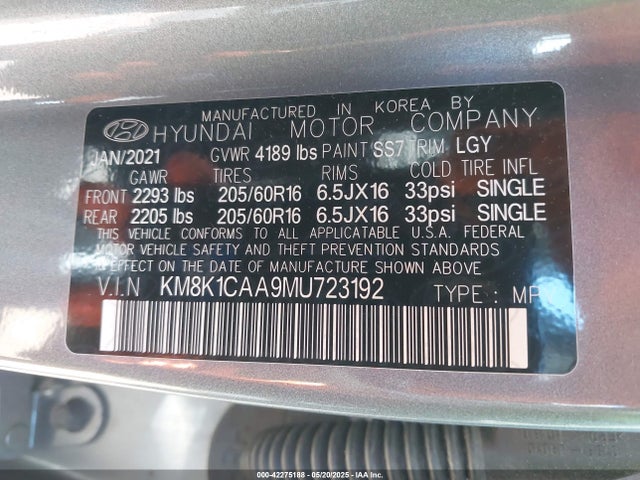 KM8K1CAA9MU723192 Hyundai Kona Se