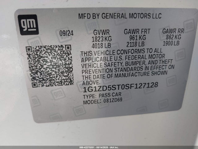 1G1ZD5ST0SF127128 Chevrolet Malibu Fwd 1lt