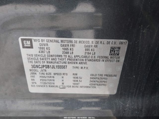 3GNCJPSB1JL155587 Chevrolet Trax Lt