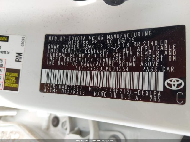 5YFEPRAE9LP031354 Toyota COROLLA LE