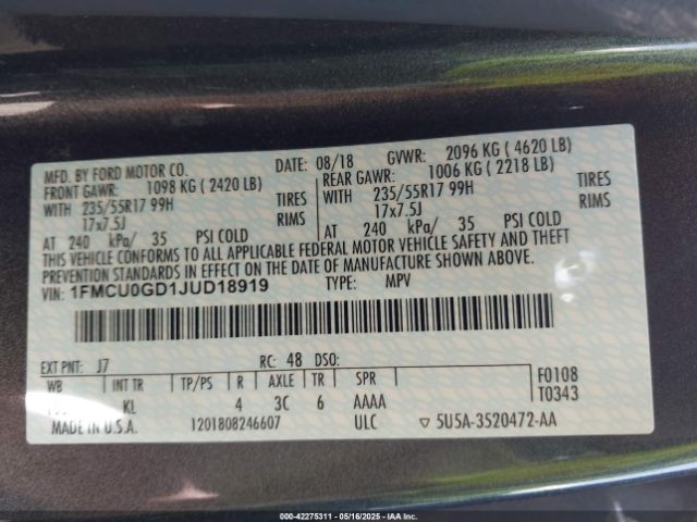 1FMCU0GD1JUD18919 Ford ESCAPE SE
