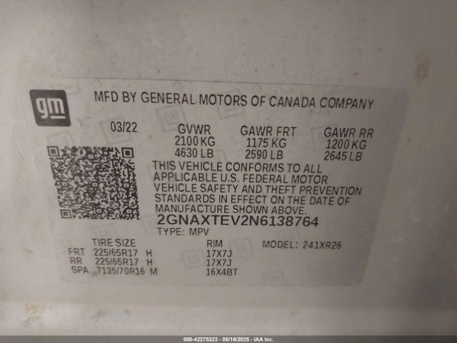 2GNAXTEV2N6138764 Chevrolet Equinox Awd 2fl