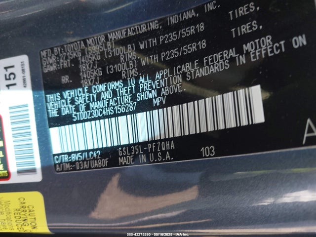 5TDDZ3DC4HS156287 Toyota Sienna Xle Premium 7 Passenger