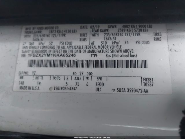1FBZX2YM1KKA65246 Ford Transit-350 Xl