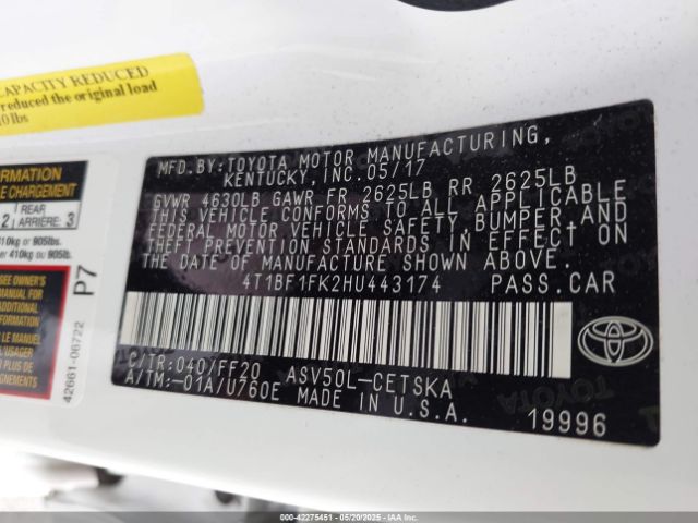 4T1BF1FK2HU443174 Toyota 2ar-fe