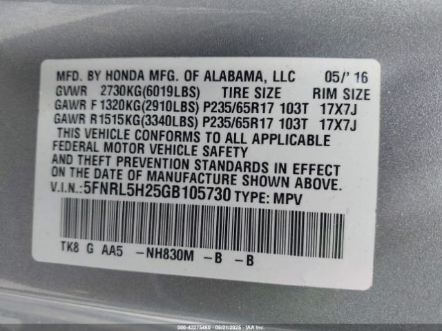 5FNRL5H25GB105730 Honda ODYSSEY LX
