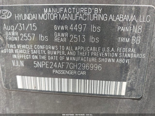 5NPE24AF7GH296996 Hyundai SONATA SE