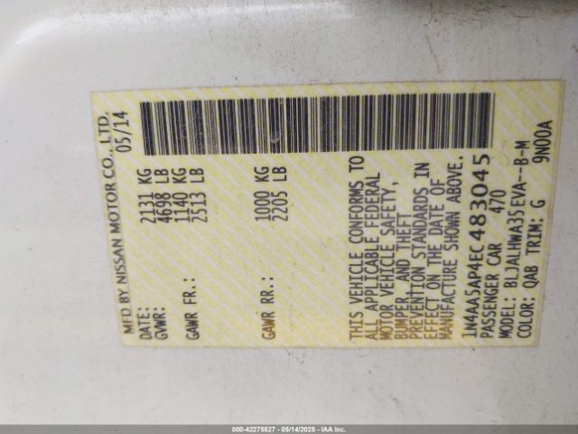 1N4AA5AP4EC483045 Nissan Maxima 3.5 Sv