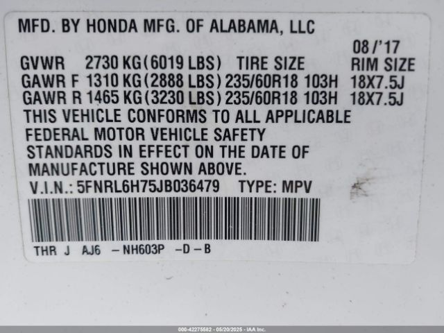 5FNRL6H75JB036479 Honda Odyssey Ex-l