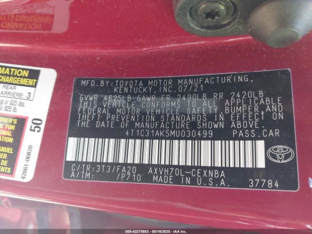 4T1C31AK5MU030499 Toyota Camry Le Hybrid
