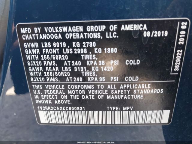 2019 VOLKSWAGEN ATLAS 1V2RR2CAXKC600831 Photo 8