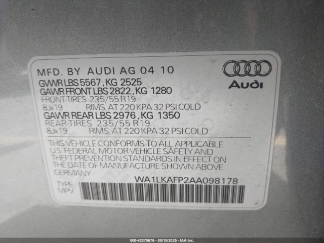 2010 AUDI Q5 WA1LKAFP2AA098178 Photo 8