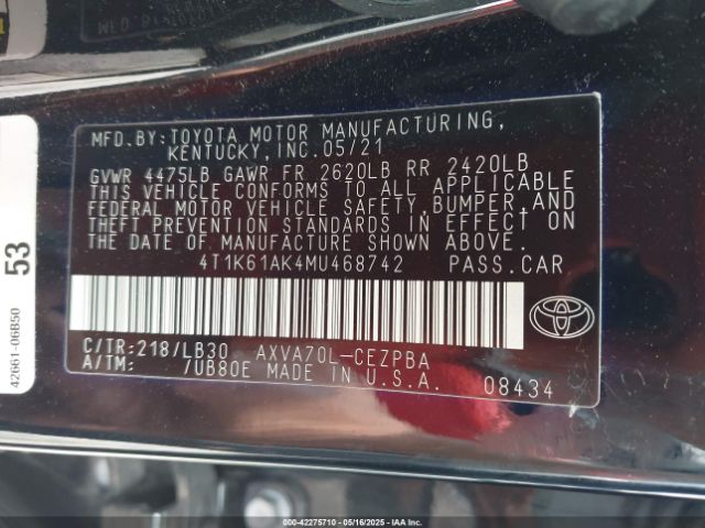4T1K61AK4MU468742 Toyota CAMRY XSE