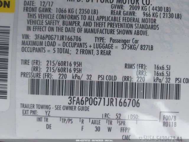 3FA6P0G71JR166706 Ford FUSION S