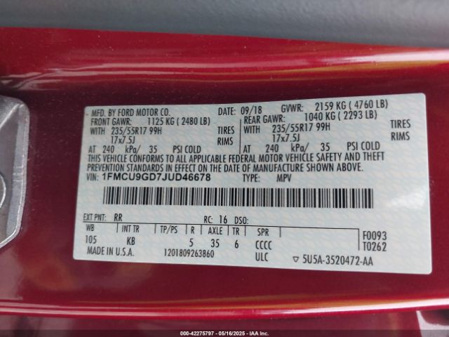 1FMCU9GD7JUD46678 Ford ESCAPE SE