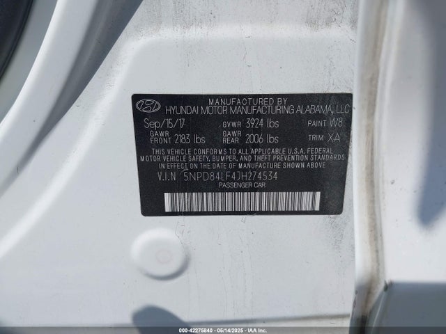 5NPD84LF4JH274534 Hyundai mpi nu