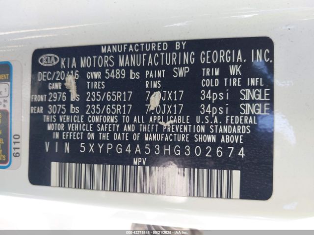 5XYPG4A53HG302674 KIA Sorento 3.3l Lx