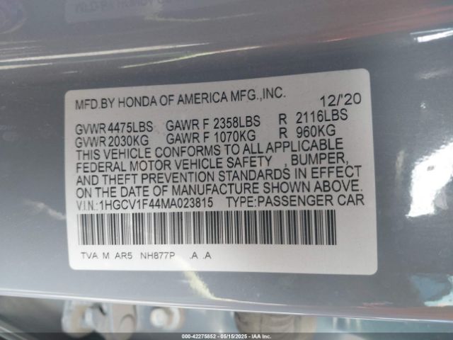 1HGCV1F44MA023815 Honda l15be