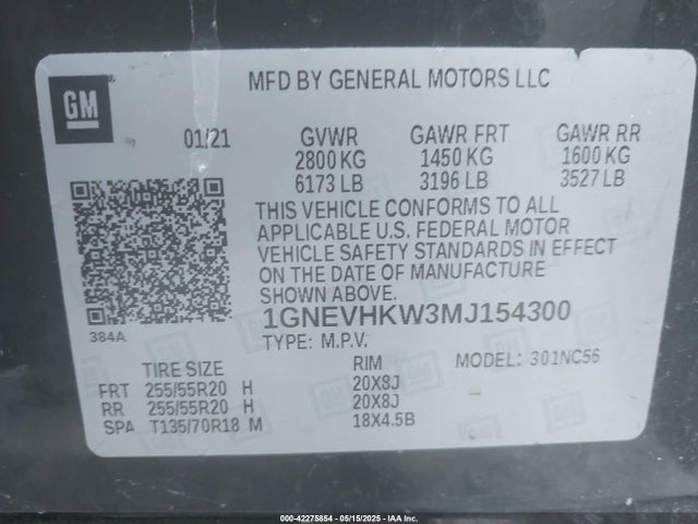 1GNEVHKW3MJ154300 Chevrolet Traverse Awd Lt Leather