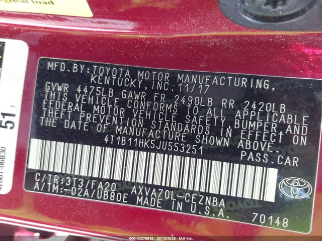 4T1B11HK5JU553251 Toyota a25a-fks