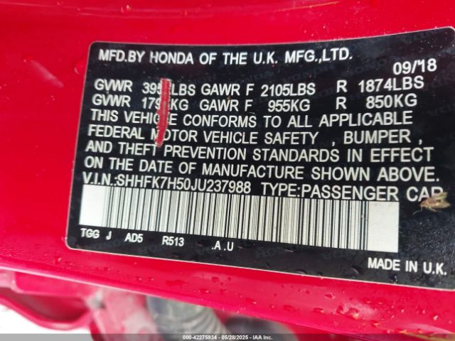2018 HONDA CIVIC SHHFK7H50JU237988 Photo 8