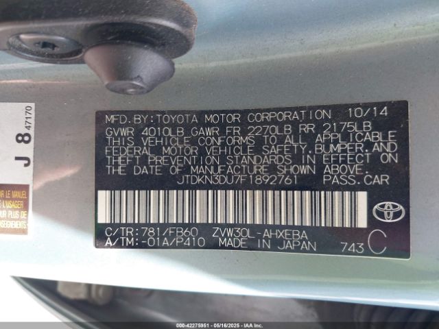 JTDKN3DU7F1892761 Toyota Prius Three
