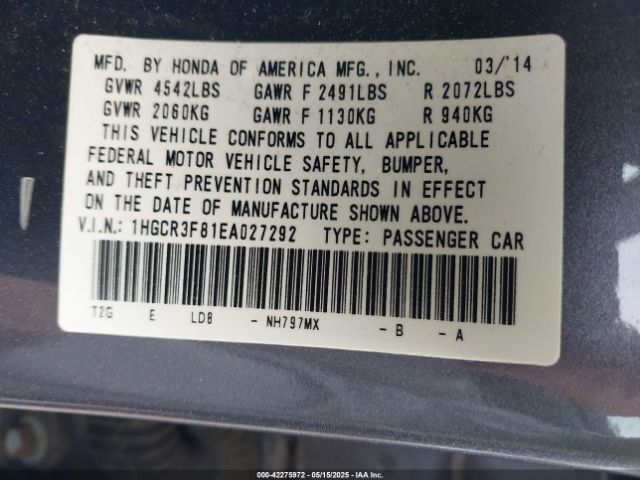 1HGCR3F81EA027292 Honda Accord Ex-l V-6