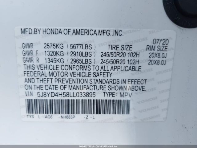 2020 ACURA MDX 5J8YD4H58LL033895 Photo 8