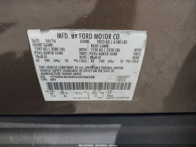 1FM5K8D85GGC94328 Ford EXPLORER XLT