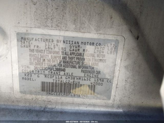 3N1CE2CP5FL398940 Nissan Versa Note Sr