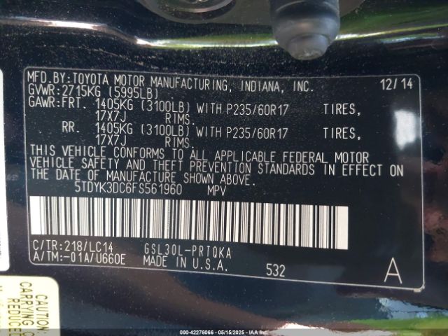 5TDYK3DC6FS561960 Toyota Sienna Xle 8 Passenger