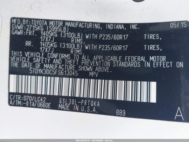 5TDYK3DC5FS613045 Toyota Sienna Xle Premium 8 Passenger