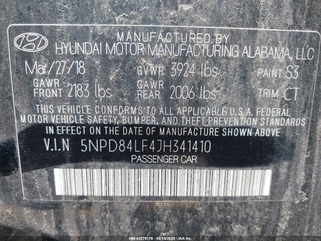 5NPD84LF4JH341410 Hyundai mpi nu