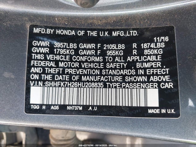 SHHFK7H26HU208835 Honda Civic Lx